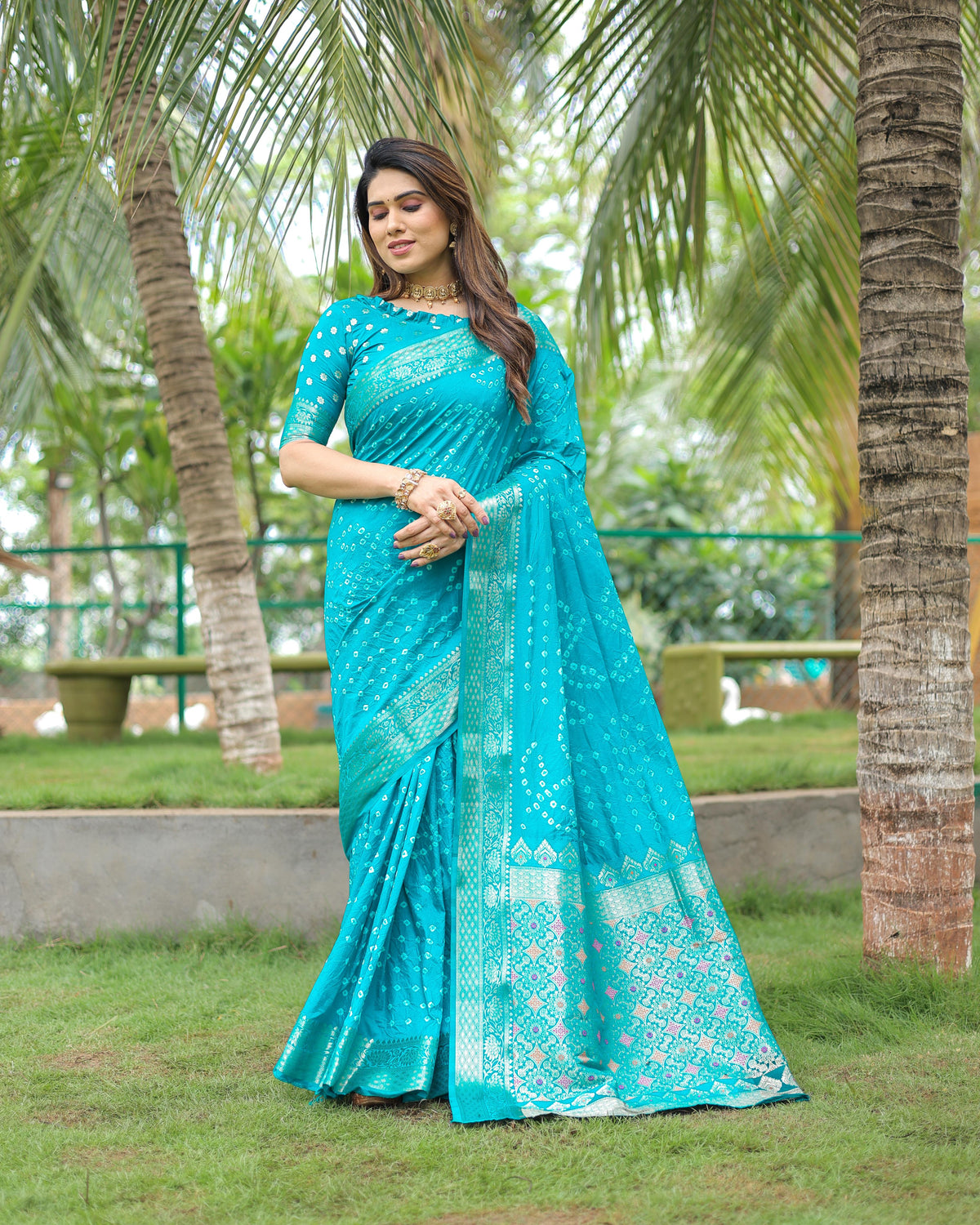 Captivating Sky Blue Color Bandari  Style Saree