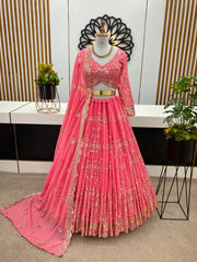 Presenting  Embroidery Sequence Work Peach Color Lehenga Choli