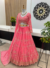 Presenting  Embroidery Sequence Work Peach Color Lehenga Choli