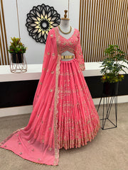 Presenting  Embroidery Sequence Work Peach Color Lehenga Choli