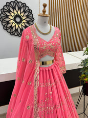 Presenting  Embroidery Sequence Work Peach Color Lehenga Choli