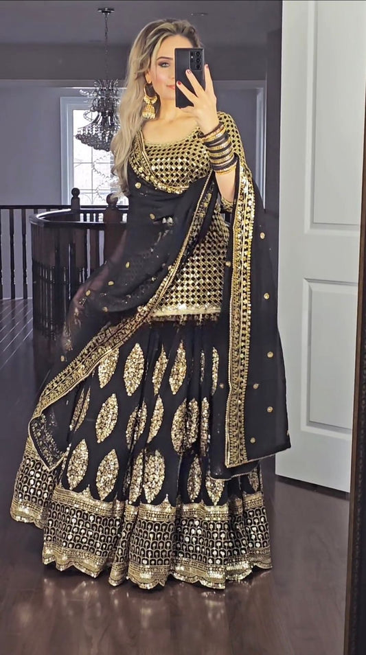 Embellished  Sequence  Embroidery Work Black Color Lehenga With Top