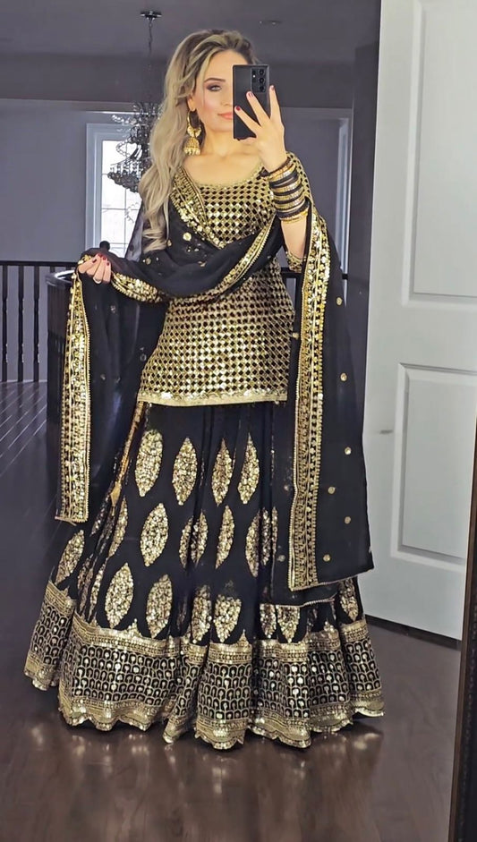 Embellished  Sequence  Embroidery Work Black Color Lehenga With Top