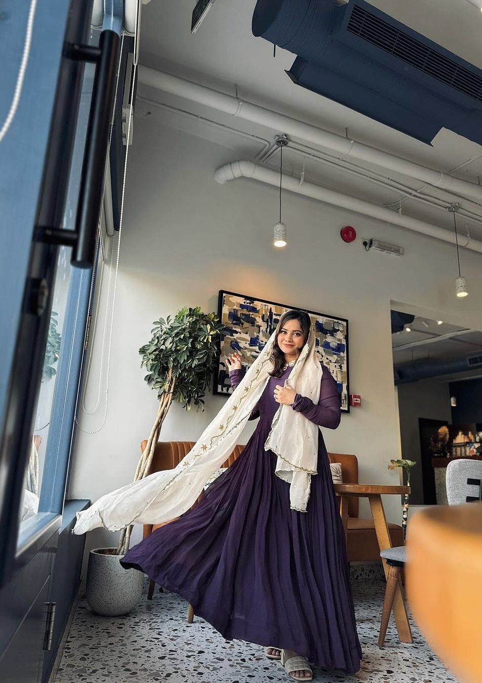 Pretty Plain Purple Color Gown With White Dupatta