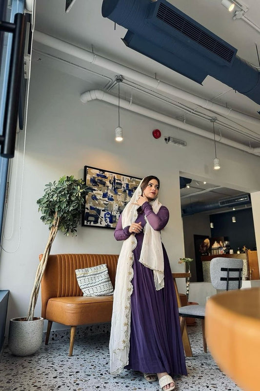 Pretty Plain Purple Color Gown With White Dupatta