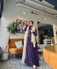 Pretty Plain Purple Color Gown With White Dupatta