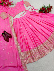 Presenting Sequences Embroidery Work Pink Color Lehenga Choli