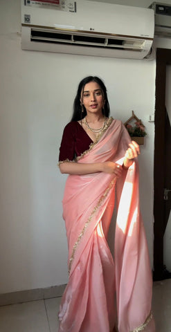 Beautiful Lace Border Pink Color Ready To Wear Saree