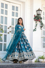 Plated Blue Color Digital Print With Work Anarkali Gown