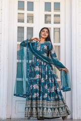 Plated Blue Color Digital Print With Work Anarkali Gown