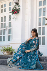 Plated Blue Color Digital Print With Work Anarkali Gown