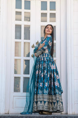 Plated Blue Color Digital Print With Work Anarkali Gown