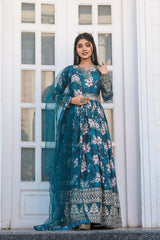 Plated Blue Color Digital Print With Work Anarkali Gown