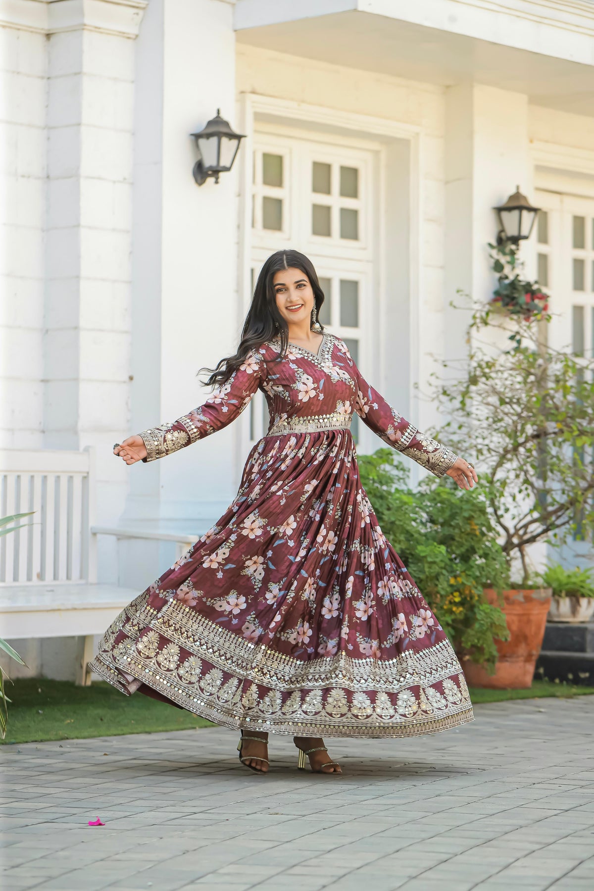 Plated Brown Color Digital Print With Work Anarkali Gown