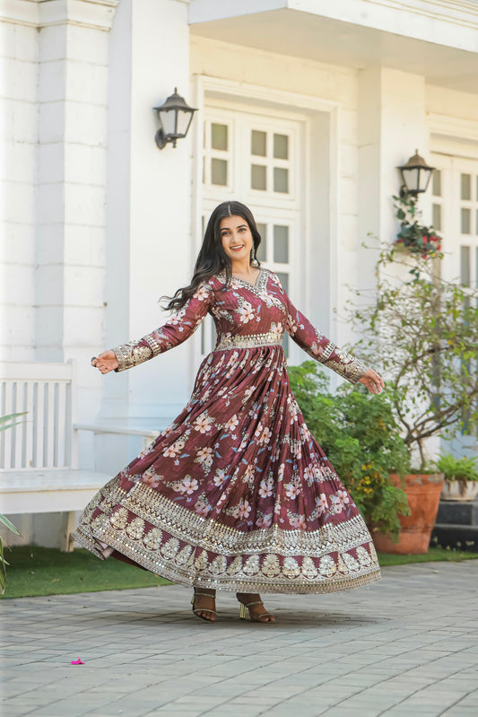 Plated Brown Color Digital Print With Work Anarkali Gown