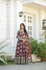 Plated Brown Color Digital Print With Work Anarkali Gown