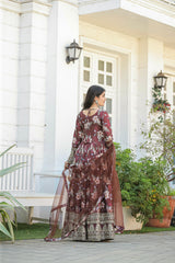 Plated Brown Color Digital Print With Work Anarkali Gown