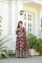 Plated Brown Color Digital Print With Work Anarkali Gown