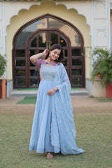 Rich Floral Position Print Work Sky Blue Color Gown