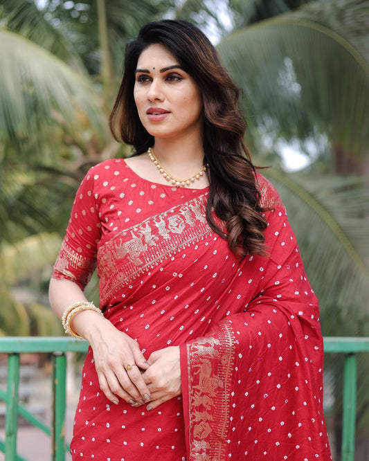 Fabulous  Bandhej Soft Bandhni Style Red Color Saree