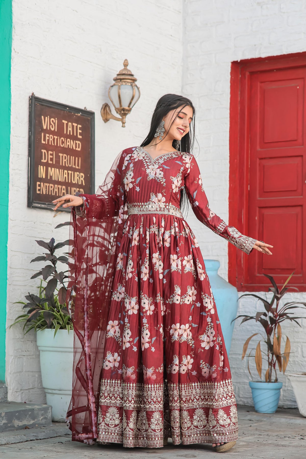 Plated Maroon Color Digital Print With Work Anarkali Gown