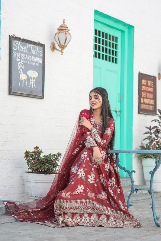 Plated Maroon Color Digital Print With Work Anarkali Gown