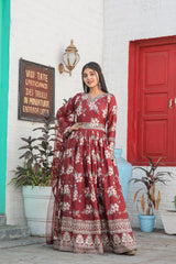 Plated Maroon Color Digital Print With Work Anarkali Gown