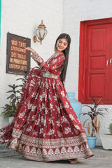 Plated Maroon Color Digital Print With Work Anarkali Gown