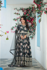 Plated Gray Color Digital Print With Work Anarkali Gown