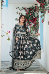 Plated Gray Color Digital Print With Work Anarkali Gown