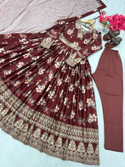 Plated Maroon Color Digital Print With Work Anarkali Gown