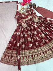 Plated Maroon Color Digital Print With Work Anarkali Gown