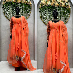 Elegant  Thread work With Sequence Orange Color Long Gown With Shrug