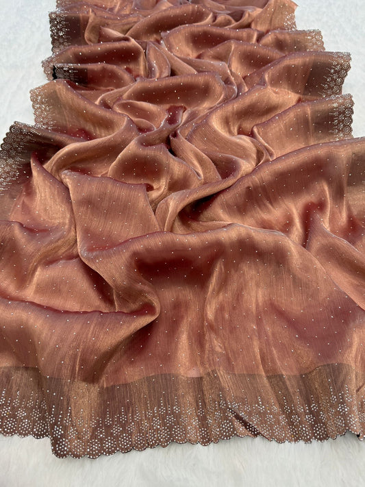 Mesmerizing Fix Stone Work Brown Color Saree