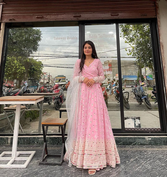 Outstanding  Sequence Thread Pink Color Gown