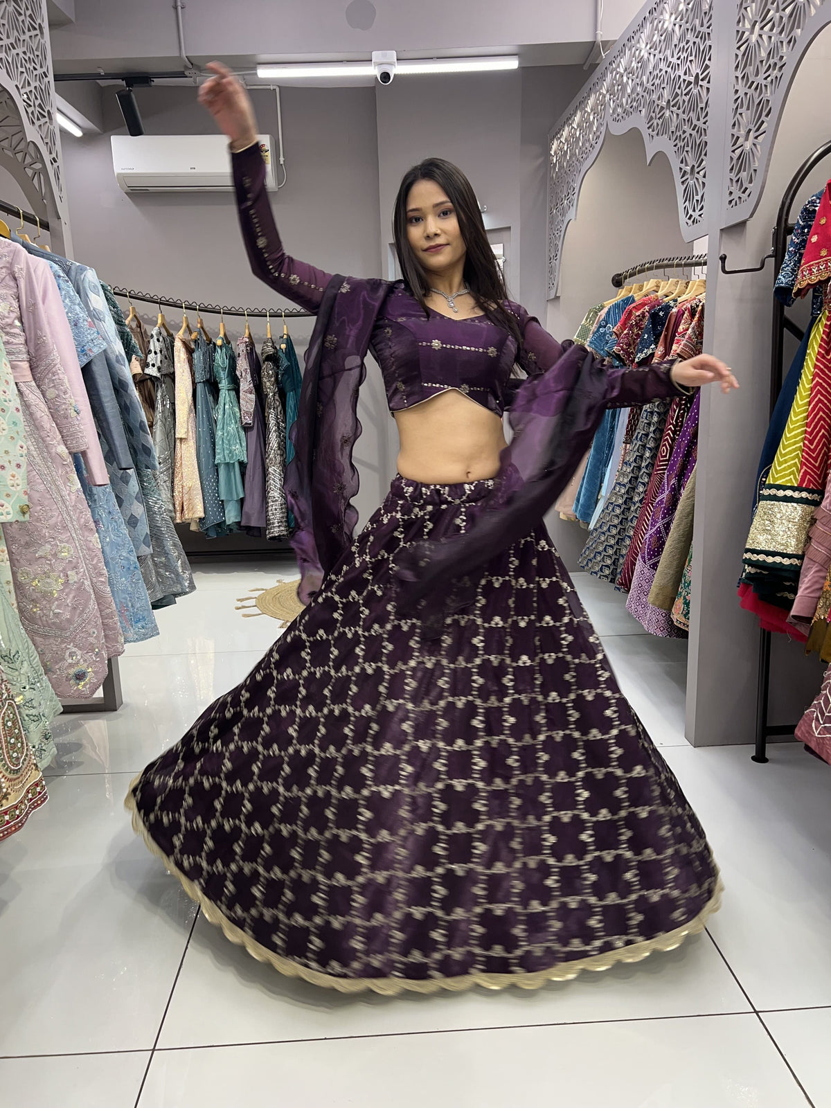 Captivating  Embroidery Zari Purple Color Lehenga Choli