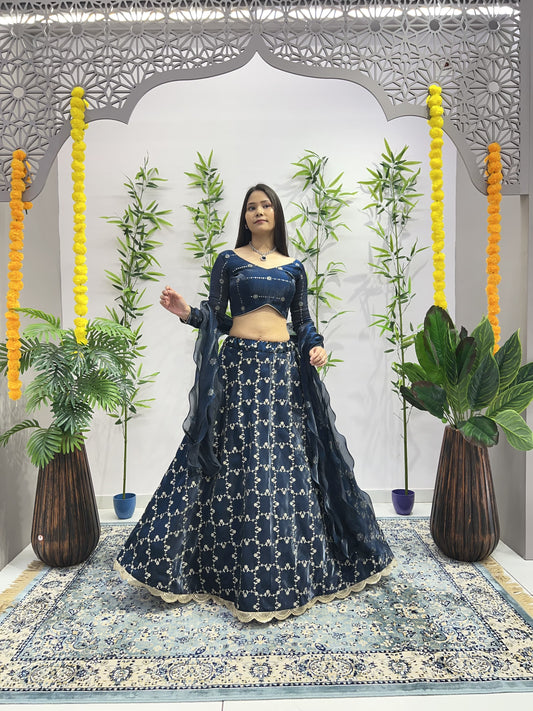 Captivating  Embroidery Zari Rama Color Lehenga Choli