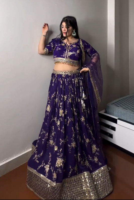 Captivating  Embroidery Sequence Work Blue Color Lehenga Choli