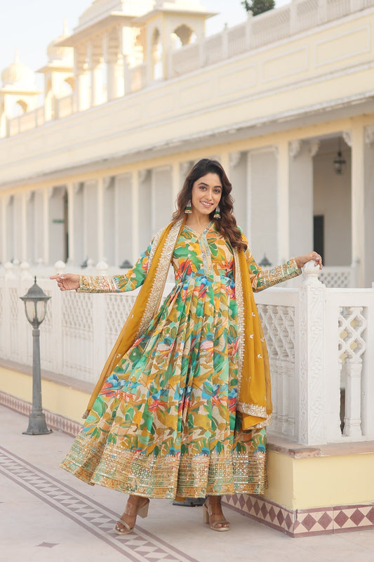 Captivating Embroidery Zari Sequins-work Yellow Color Gown