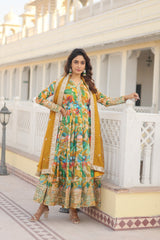 Captivating Embroidery Zari Sequins-work Yellow Color Gown