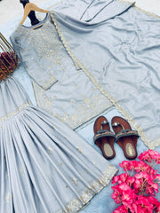 Presenting  Embroidery Sequence Work Grey Color Sharara Suit