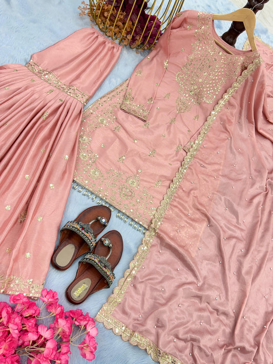 Presenting Embroidery Sequence Work Peach Color Sharara Suit