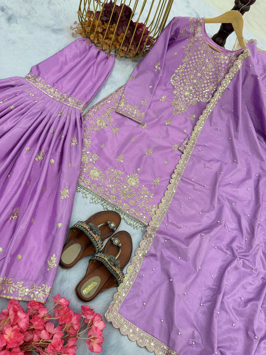 Presenting  Embroidery Sequence Work Purple Color Sharara Suit