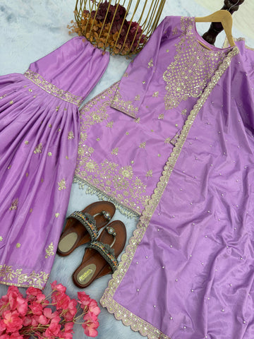 Presenting  Embroidery Sequence Work Purple Color Sharara Suit