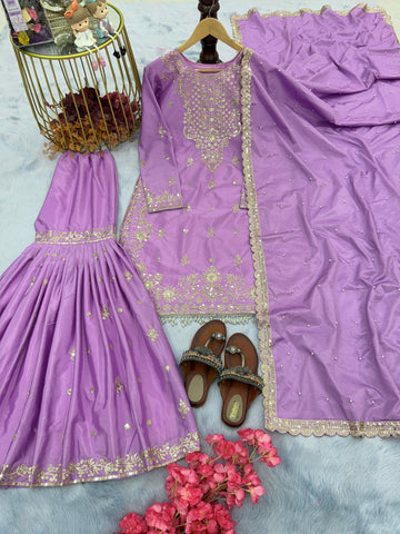 Presenting  Embroidery Sequence Work Purple Color Sharara Suit