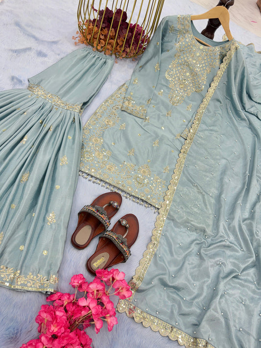 Presenting  Embroidery Sequence Work Piasta Color Sharara Suit