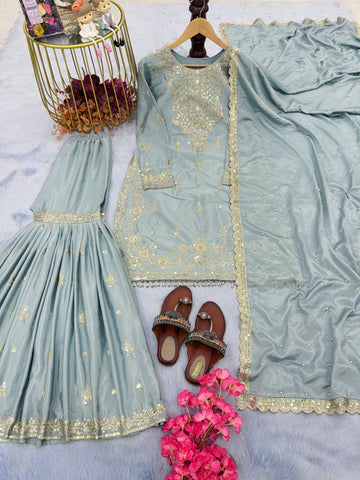 Presenting  Embroidery Sequence Work Piasta Color Sharara Suit