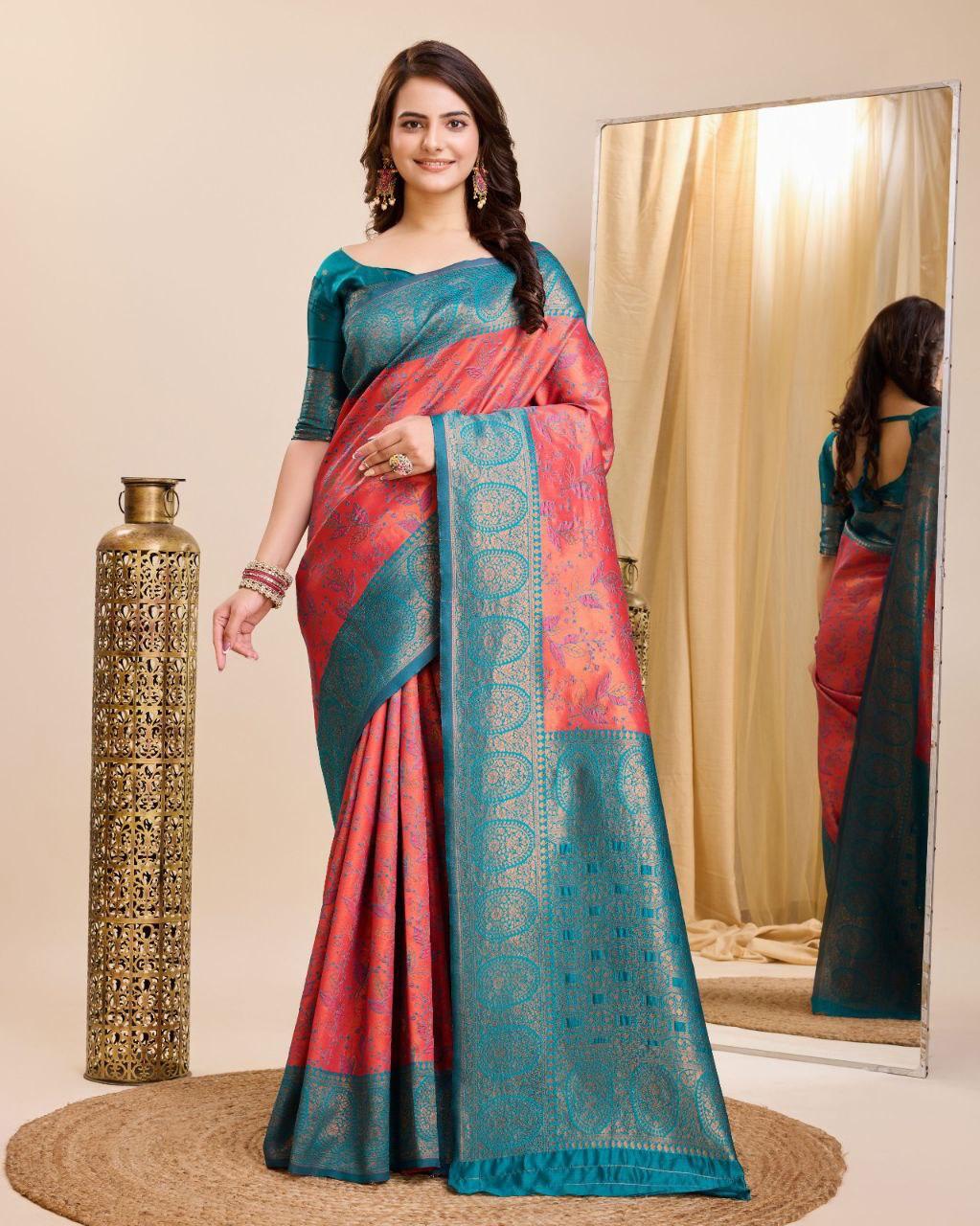 Designer  Jacquard Work Rama Color Saree