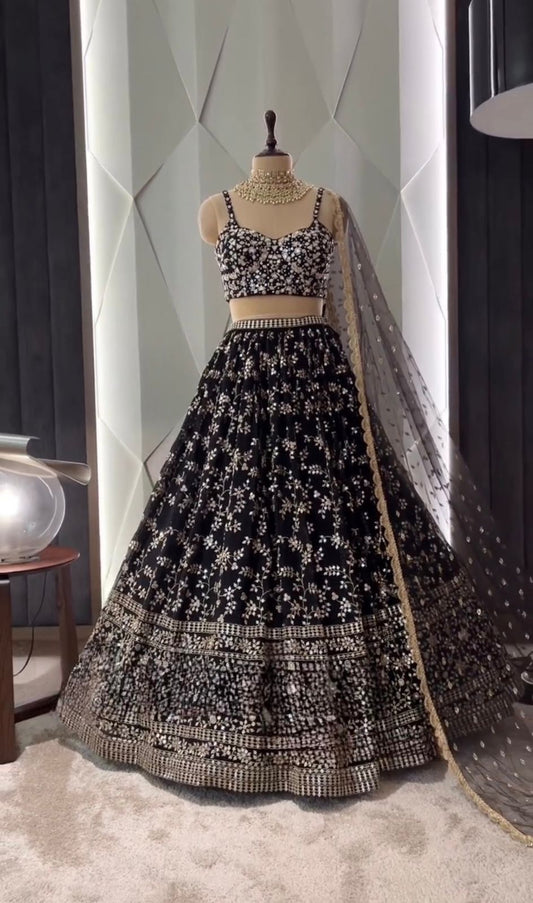 Presenting  Sequence Embroidery Work Black Color Lehenga Choli