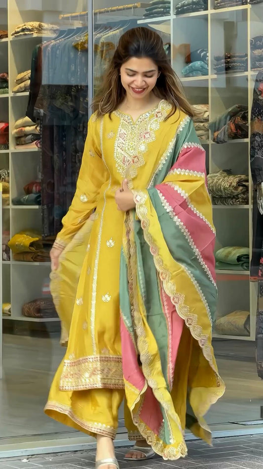 Fashionable Embroidery Sequence Work Yellow Color Suit